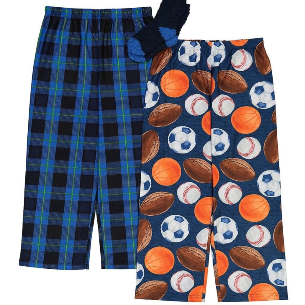 Boy's 3-Piece Pajama Pants & Socks Set   Blue & Black Plaid & Sports Balls  S-4